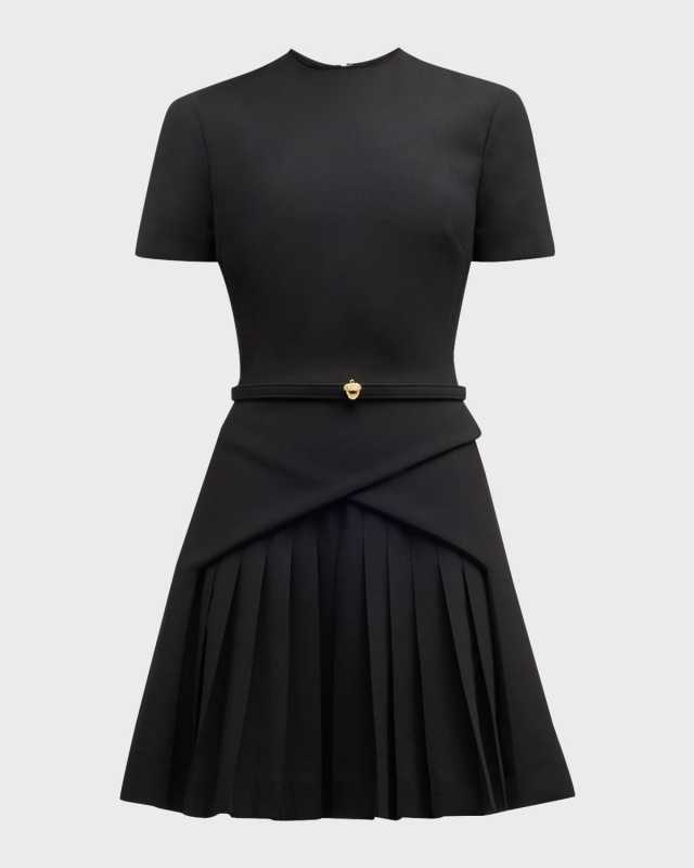 Wool-Blend Short Dress with Pleated Detail